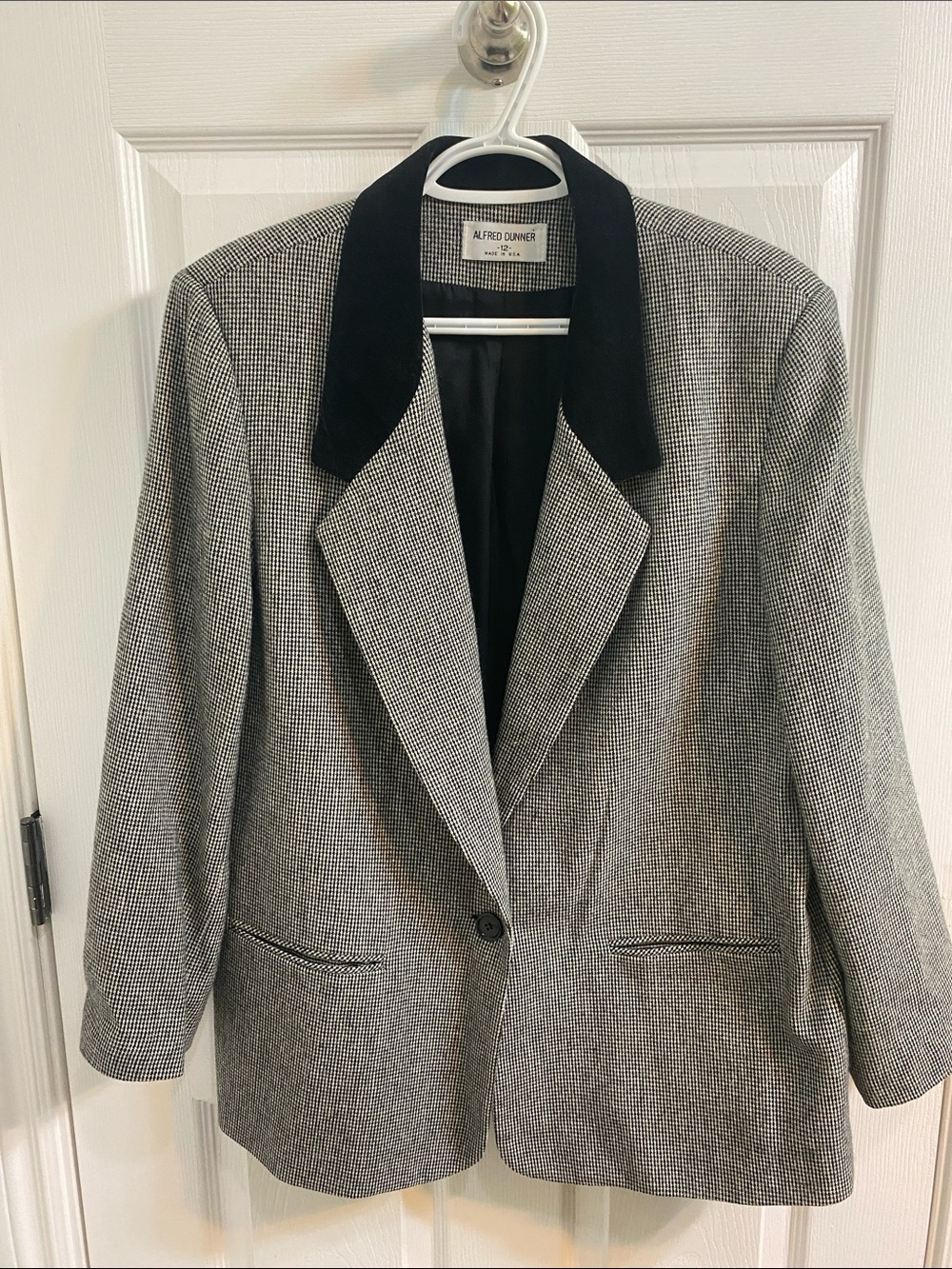 Vintage Alfred Dunner Velvet Collar Wool Houndstooth Blazer Women’s Size 12